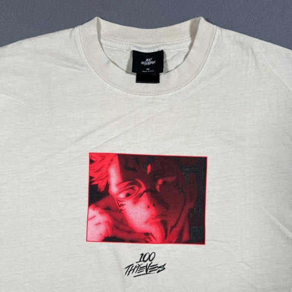 100 Thieves Jujutsu Kaisen Sukuna Center Shirt Men's Medium Cream Anime Gaming - Picture 1 of 9